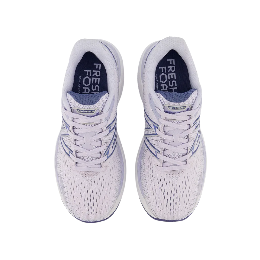 Top view of Women’s New Balance Fresh Foam X 860v12 in White – featuring a breathable engineered mesh upper, traditional lace-up closure, and padded tongue for enhanced comfort.