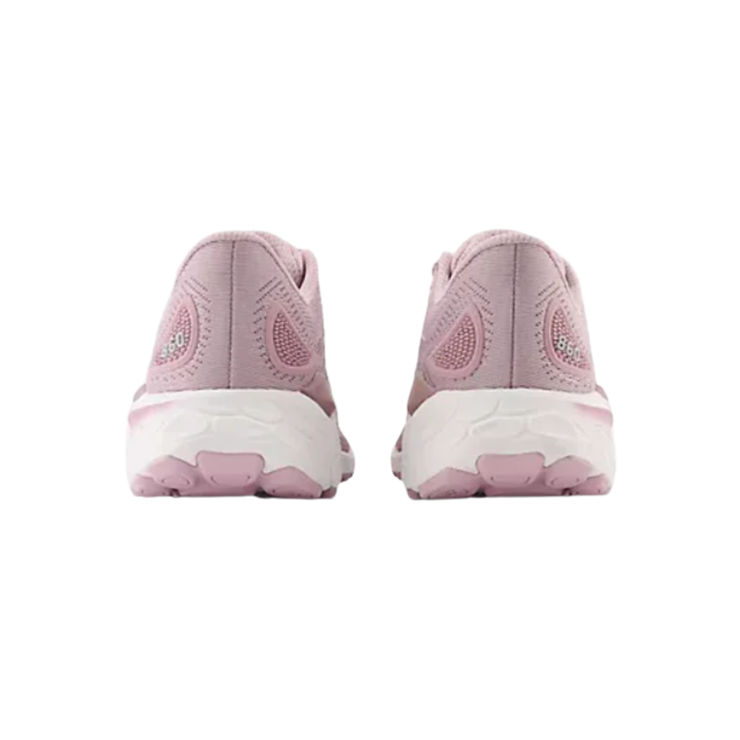 Back view of Women’s New Balance Fresh Foam X 860v13 in Violet Shadow/Chalk Lilac/Silver Metallic – featuring a padded collar, heel pull tab for easy on/off, and reinforced heel counter for added support.