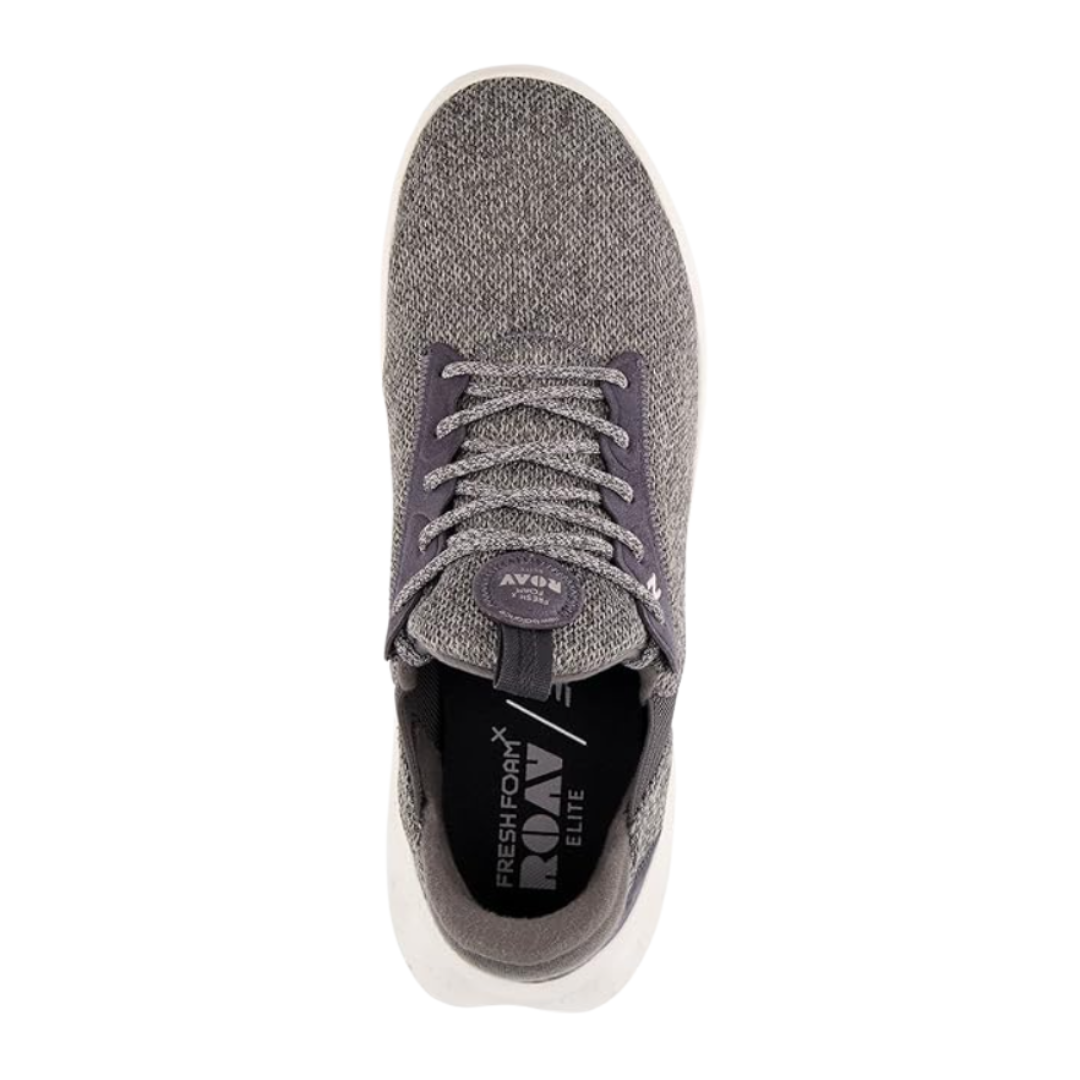 Top View of Men’s New Balance Fresh Foam X Roav Elite running shoe in magnet with sea salt – featuring engineered mesh upper for breathability, padded tongue, and cushioned collar for comfort.