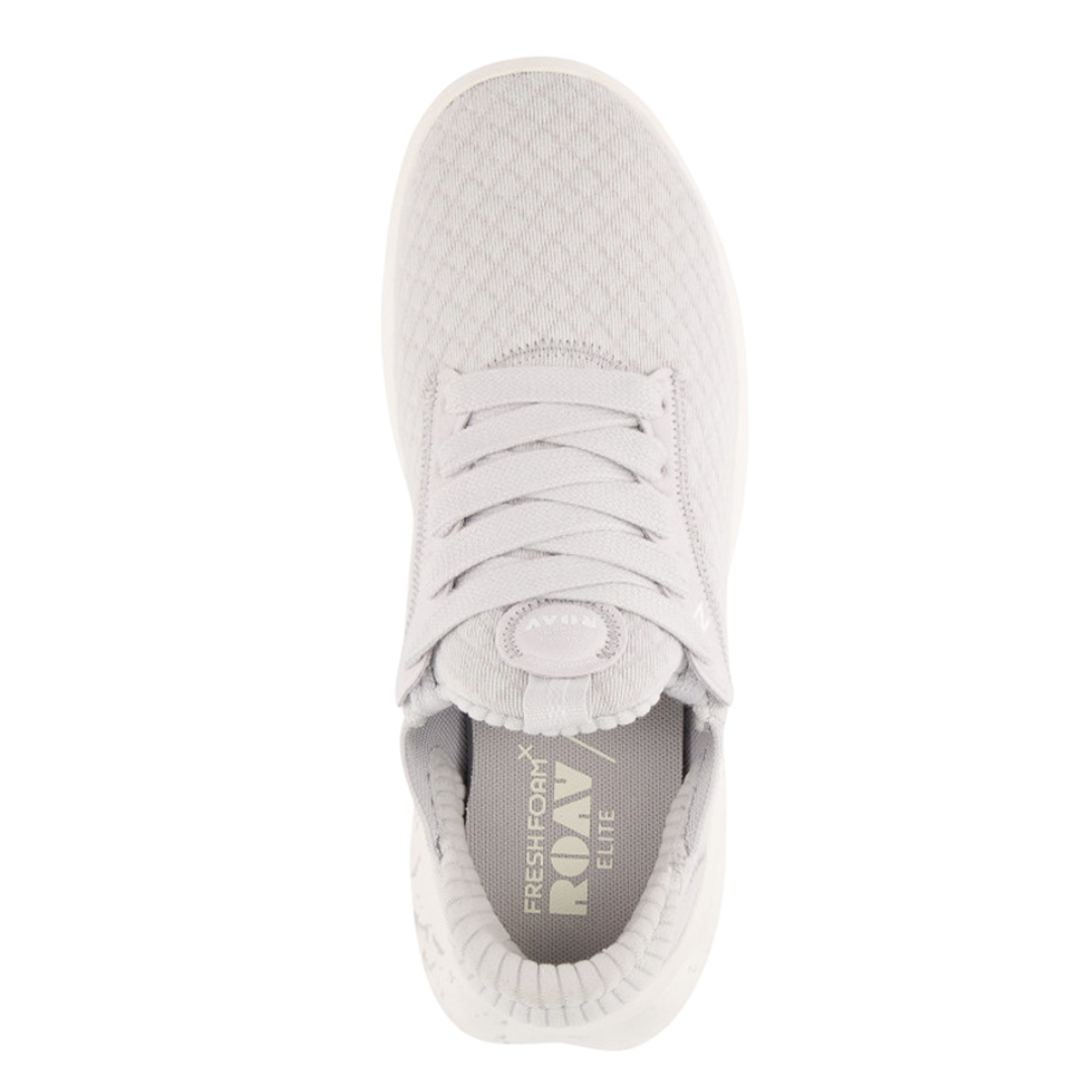 Top view of Women’s New Balance Fresh Foam X Roav Elite sneaker in Summer Fog and Sea Salt – featuring a breathable mesh upper, seamless bootie construction, and lace-up closure for a secure fit.