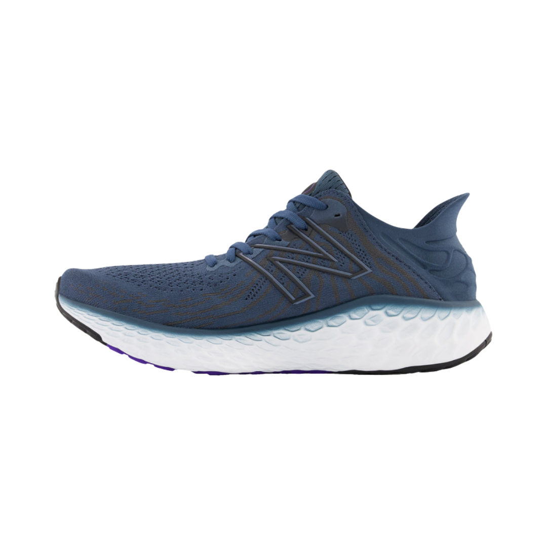 Side View of Men’s New Balance Fresh Foam X 1080v11 running shoe in deep ocean with grey and deep violet – featuring Fresh Foam midsole cushioning for plush support, synthetic overlays for durability, and breathable mesh panels.