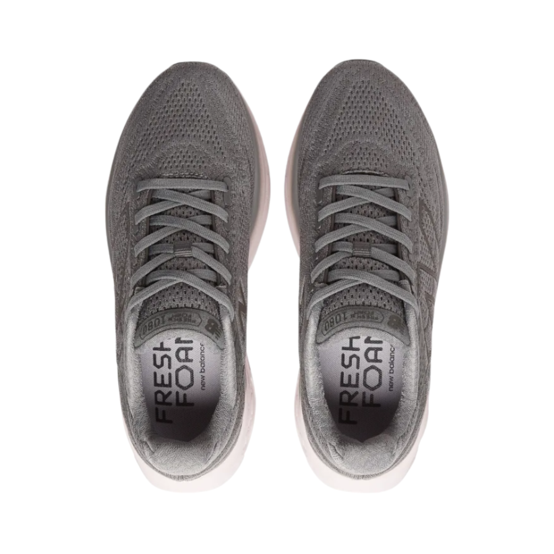 Top View of Women’s New Balance Fresh Foam X 1080v13 running shoe in castlerock grey with december sky blue – featuring cushioned insole for all-day comfort, breathable engineered mesh upper, and secure lace-up closure for a personalized fit.