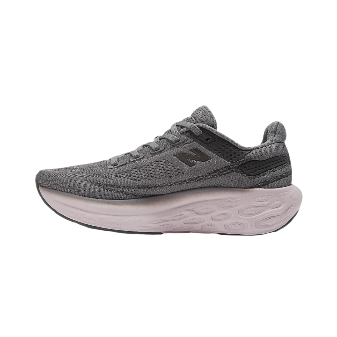 Side View of Women’s New Balance Fresh Foam X 1080v13 running shoe in castlerock with December sky – featuring a breathable, flexible knit upper for adaptive fit, ultra-cushioned Fresh Foam X midsole for impact absorption, and a streamlined lace system that provides secure, pressure-free support.