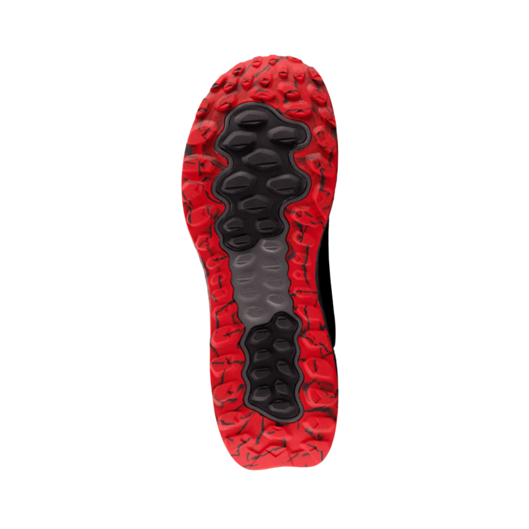 Bottom view of Men's New Balance Fresh Foam x Garoe v1 athletic shoe in magnet, true red, and black – featuring a patterned rubber outsole designed for enhanced grip, flexibility, and durability during athletic activities.