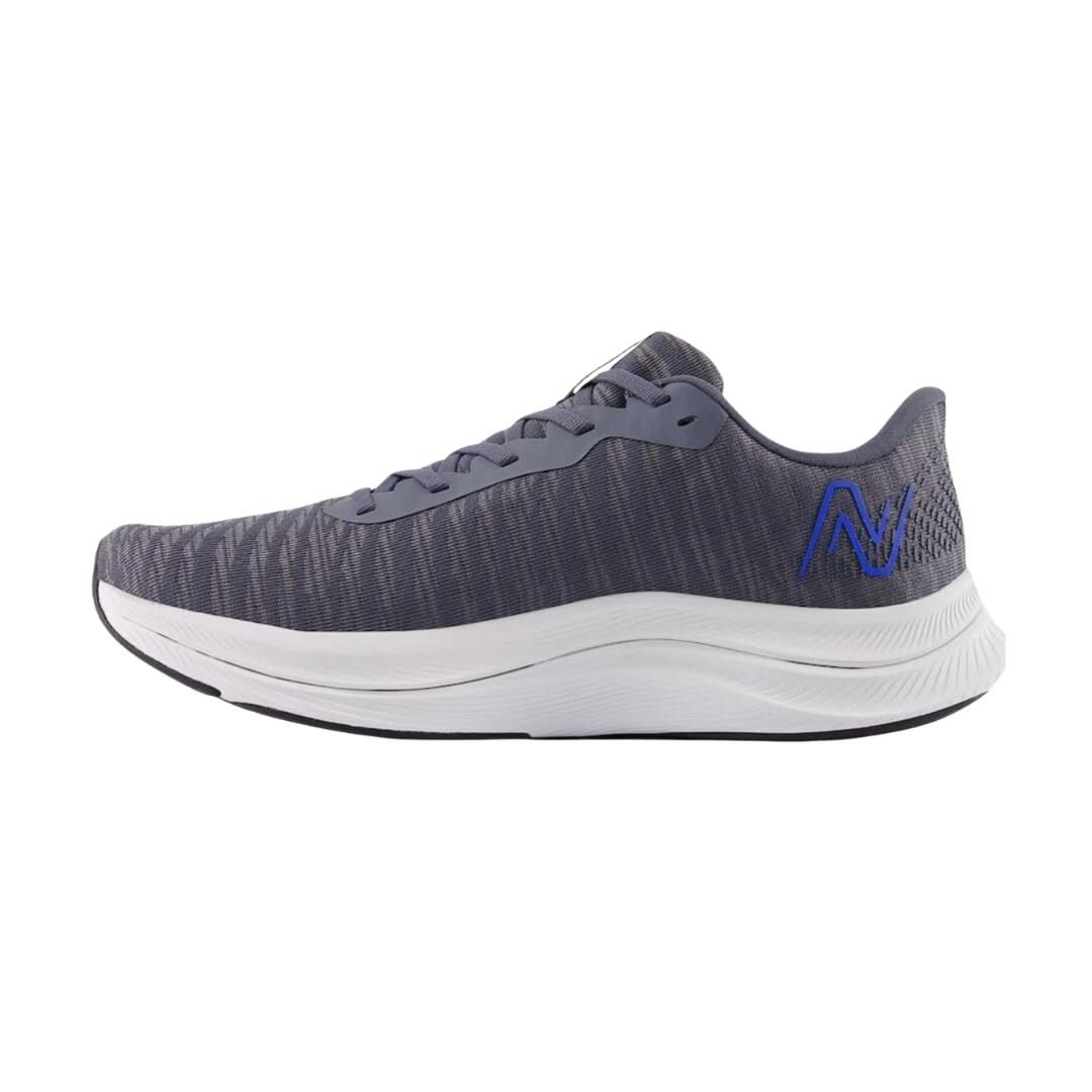 Side View of Men’s New Balance FuelCell Propel v5 running shoe in graphite with limelight – featuring FuelCell midsole for responsive cushioning, synthetic overlays for support, and breathable mesh panels.