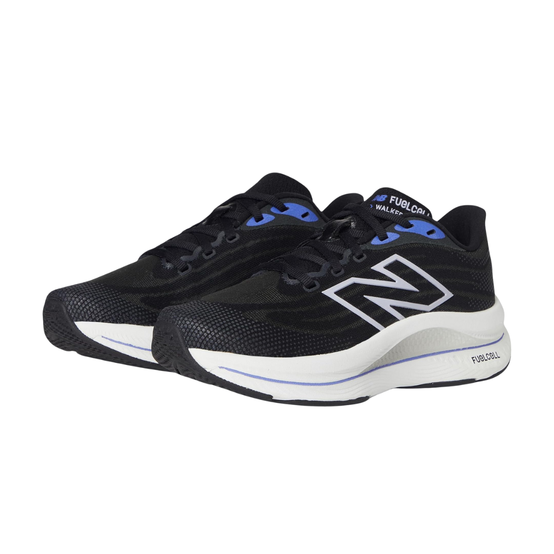 Side view of Women’s New Balance FuelCell Walker Elite in Black/Electric Indigo/Grey Violet – featuring FuelCell midsole cushioning for a propulsive feel and a sleek design for modern aesthetics.