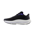 Side View of Women’s New Balance FuelCell Walker Elite walking shoe in black with electric indigo and grey violet – featuring sculpted FuelCell cushioning, logo-accented side panel, and supportive heel structure.