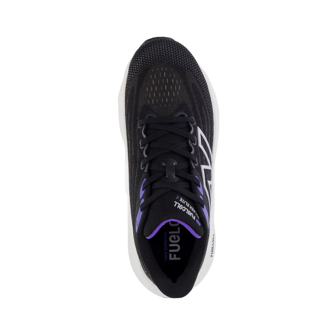 Top View of Women’s New Balance FuelCell Walker Elite walking shoe in black with electric indigo and grey violet – features include a responsive FuelCell midsole, breathable mesh upper, and reinforced toe design.