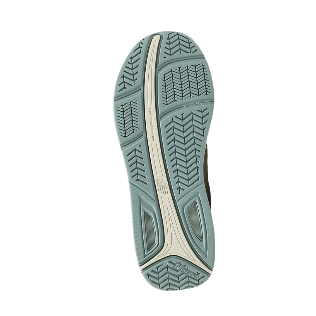 Bottom View of Women’s New Balance 928v3 Hook and Loop walking shoe in white – featuring durable rubber outsole with traction pattern, ROLLBAR technology, and shock-absorbing properties.