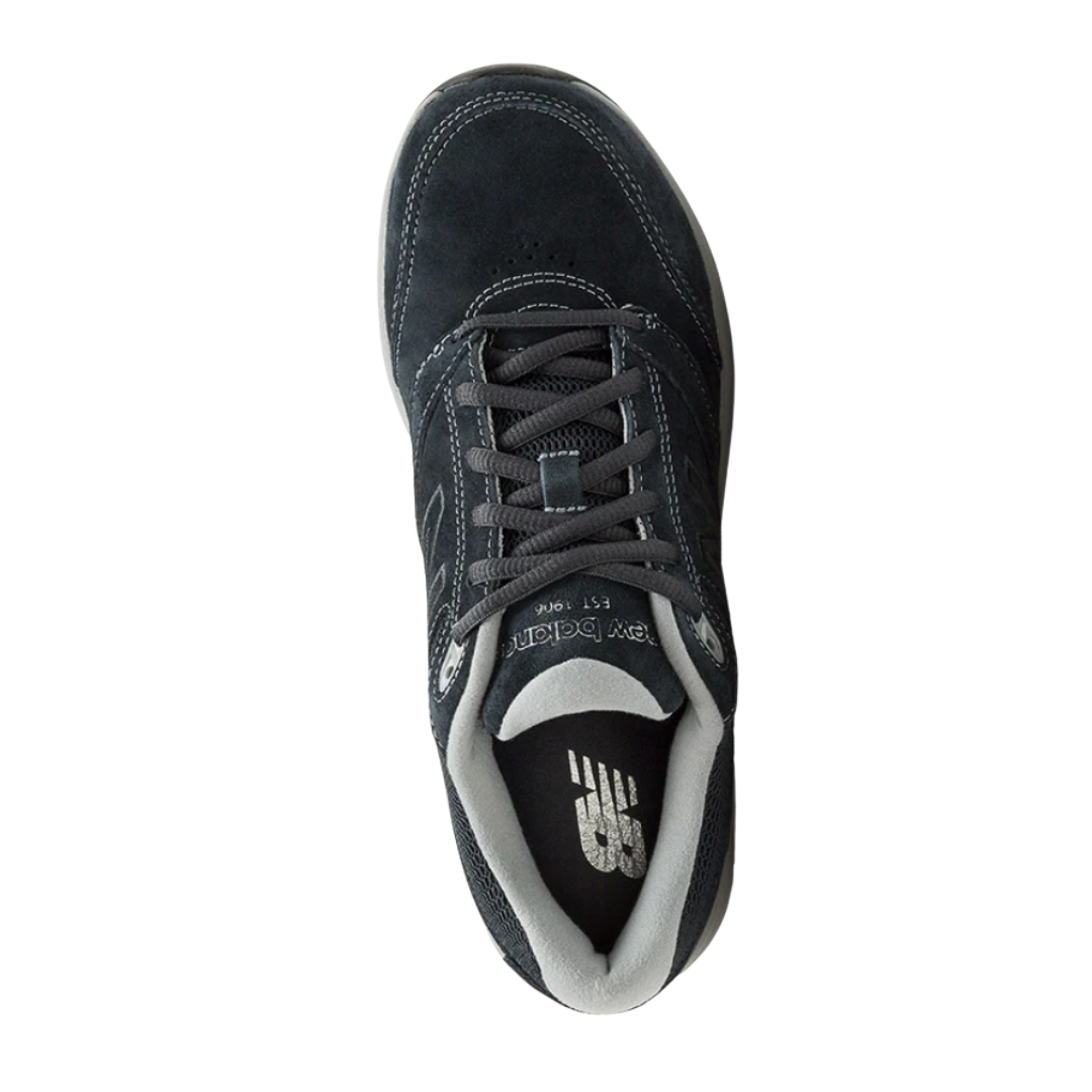 Top View of Women’s New Balance 928v3 Suede walking shoe in navy with grey – featuring plush insole for all-day support, padded tongue, and soft suede upper.