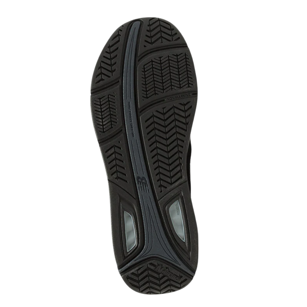 Bottom View of Women’s New Balance 928v3 Suede walking shoe in navy with grey – featuring slip-resistant rubber outsole, ROLLBAR stability technology, and deep tread pattern for enhanced traction.