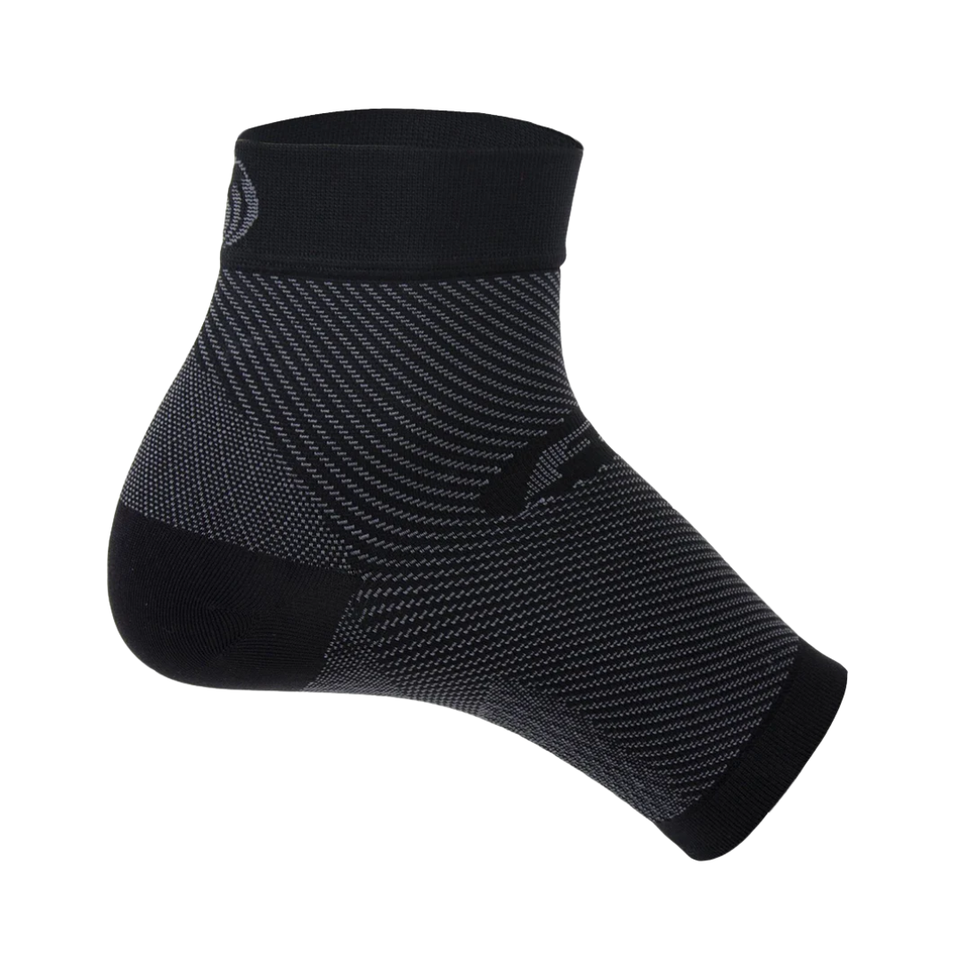Side View of Unisex OS1st FS6 Performance Foot Sleeve in Black – featuring targeted compression zones, lightweight breathable fabric, and moisture-wicking design.