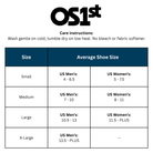 OS1st care instructions and shoe size chart on a white background