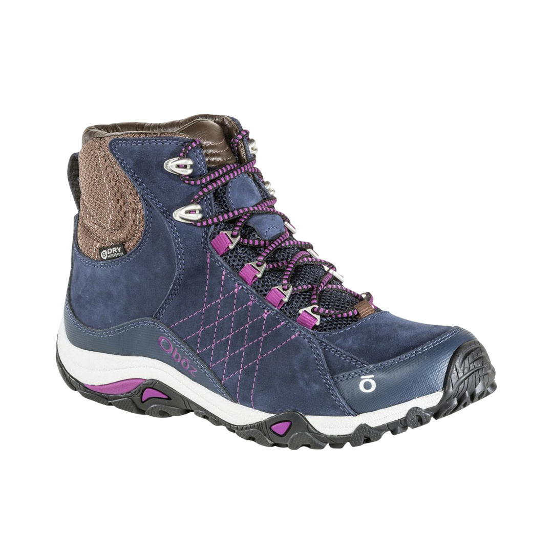Side view of women’s Oboz Sapphire Mid Waterproof hiking boot in Huckleberry purple with synthetic and nubuck leather upper, B-DRY waterproofing, contoured midsole support, and trail-ready rubber outsole.