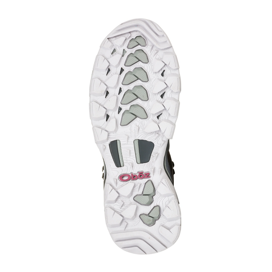 Bottom view of Oboz Women's Arete Low in Blush – featuring a high-traction rubber outsole with multi-directional lugs, designed for grip, flexibility, and stability on rugged surfaces.