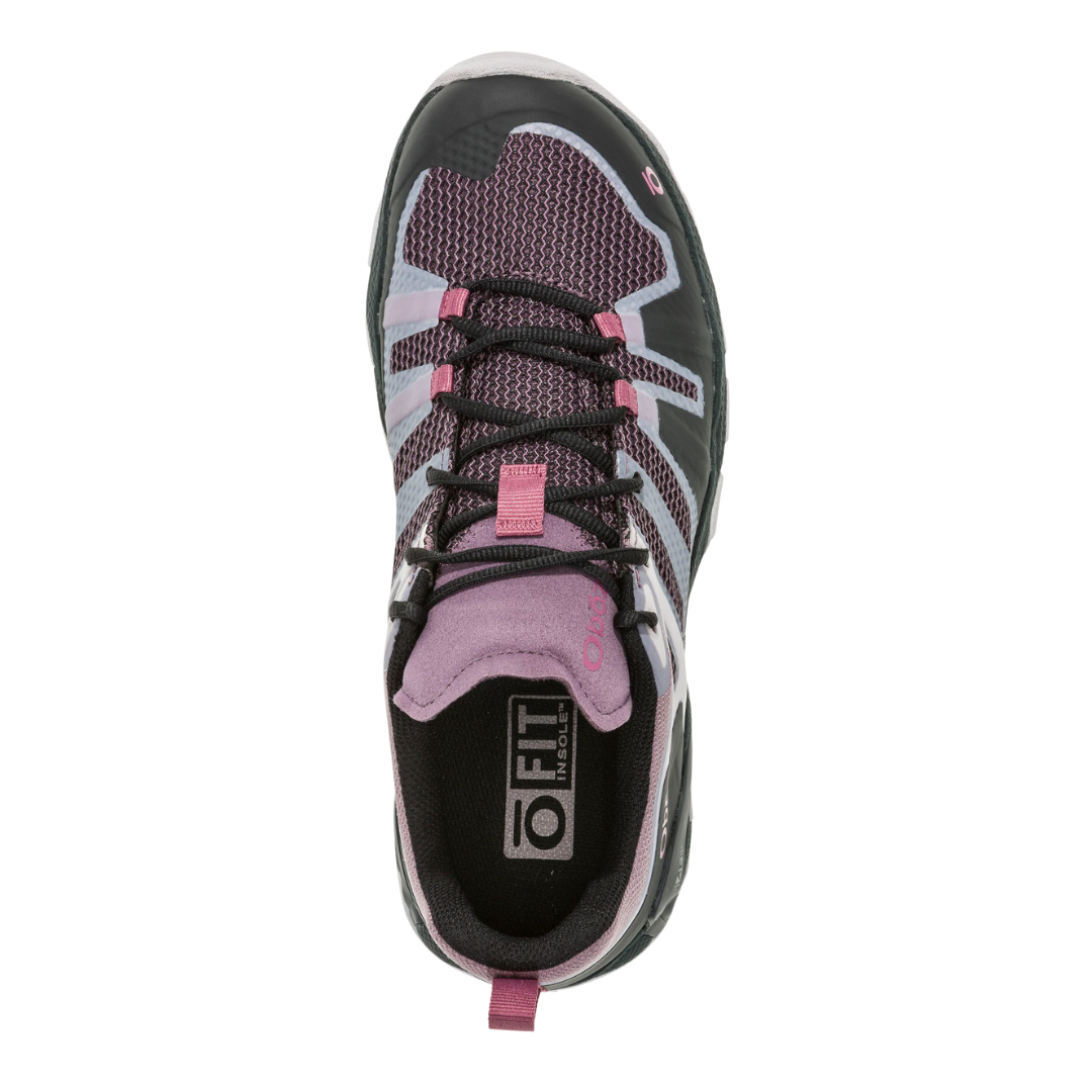 Top view of Oboz Women's Arete Low in Blush – featuring a breathable blush-toned mesh upper, padded tongue and collar, and traditional lace-up closure designed for a lightweight, secure, and comfortable fit.
