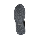 Bottom View of Men’s Oboz Arete Low Waterproof Hiking Shoe in Blue Night – featuring a Tempest outsole with multi-directional lugs for superior grip, durable rubber for trail traction, and a supportive midfoot chassis for stability on uneven terrain.