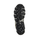 Bottom View of Men’s Oboz Bridger Mid Waterproof Hiking Boot in Raven – featuring a Granite Peak rubber outsole with deep multi-directional lugs, durable trail-ready traction, and a supportive midfoot shank for stability on rugged terrain.