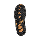Bottom View of Men’s Oboz Bridger Mid Waterproof Hiking Boot in Sudan – featuring a Granite Peak rubber outsole with aggressive multi-directional lugs, durable traction for rocky terrain, and a supportive midfoot shank for stability on uneven surfaces.