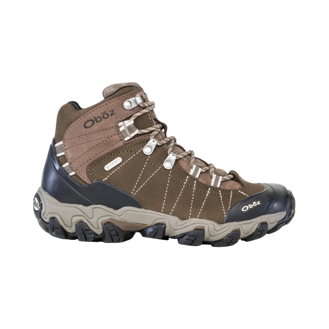 Side View of Women’s Oboz Bridger Mid Waterproof Hiking Boot in Walnut – featuring a mid-height design for ankle support, protective toe cap for trail durability, and EVA midsole for lightweight cushioning.