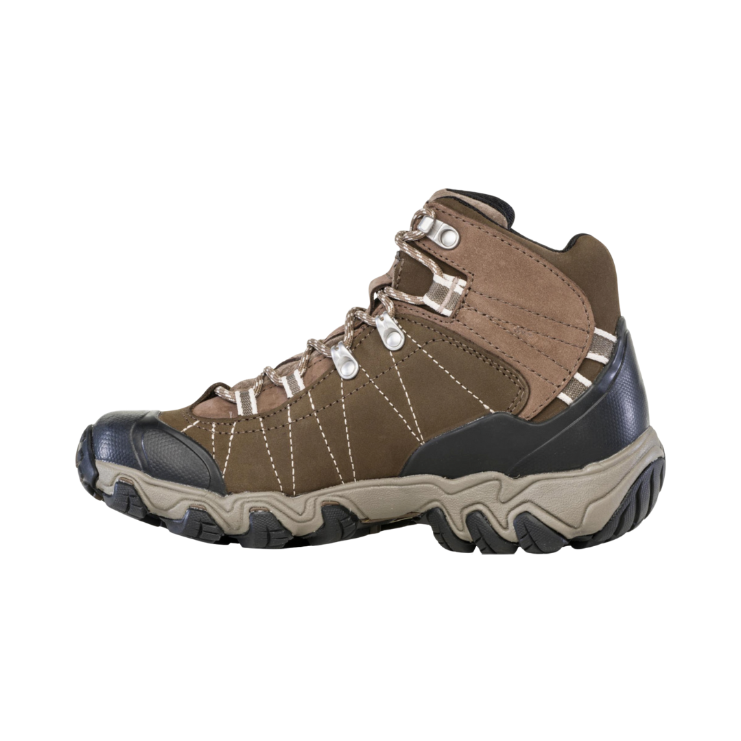 Side View of Women’s Oboz Bridger Mid Waterproof Hiking Boot in Walnut – featuring a mid-height design for ankle support, protective toe cap for trail durability, and EVA midsole for lightweight cushioning.