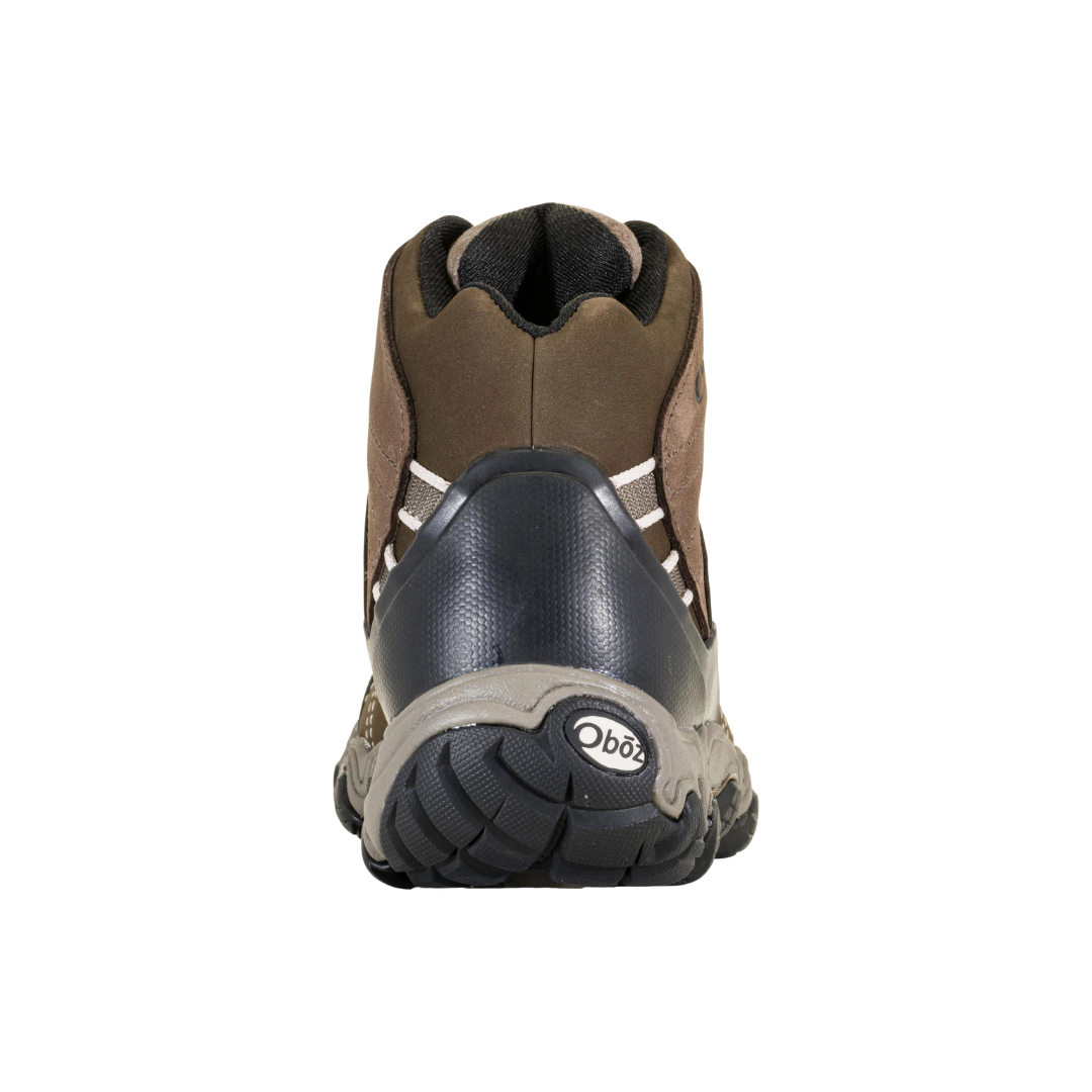 Back View of Women’s Oboz Bridger Mid Waterproof Hiking Boot in Walnut – featuring a padded heel collar for comfort, heel pull loop for easy on and off, and a durable heel counter for added stability.