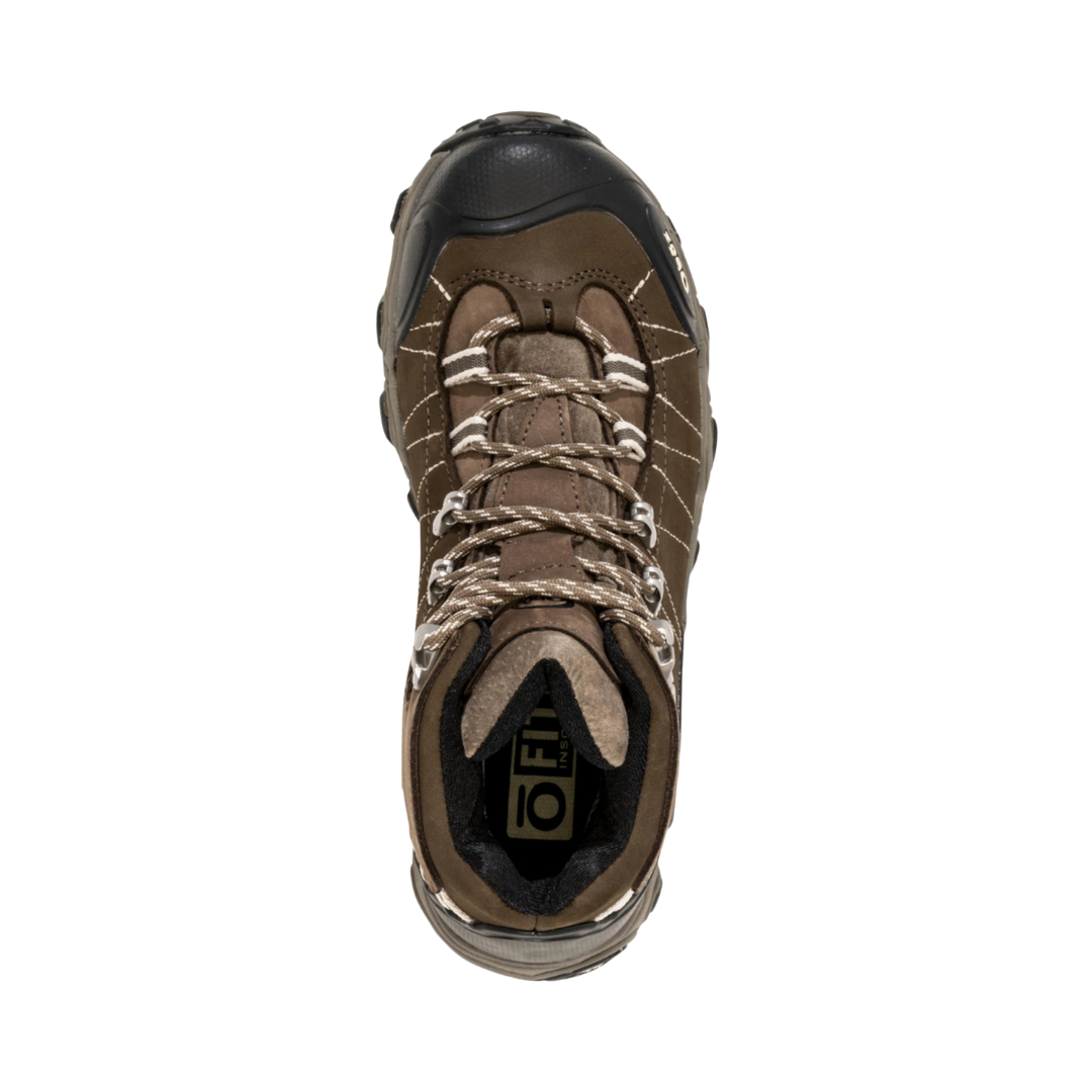 Top View of Women’s Oboz Bridger Mid Waterproof Hiking Boot in Walnut – featuring a nubuck leather upper with abrasion-resistant panels, waterproof and breathable B-Dry membrane, and cushioned O Fit insole for comfort and support.