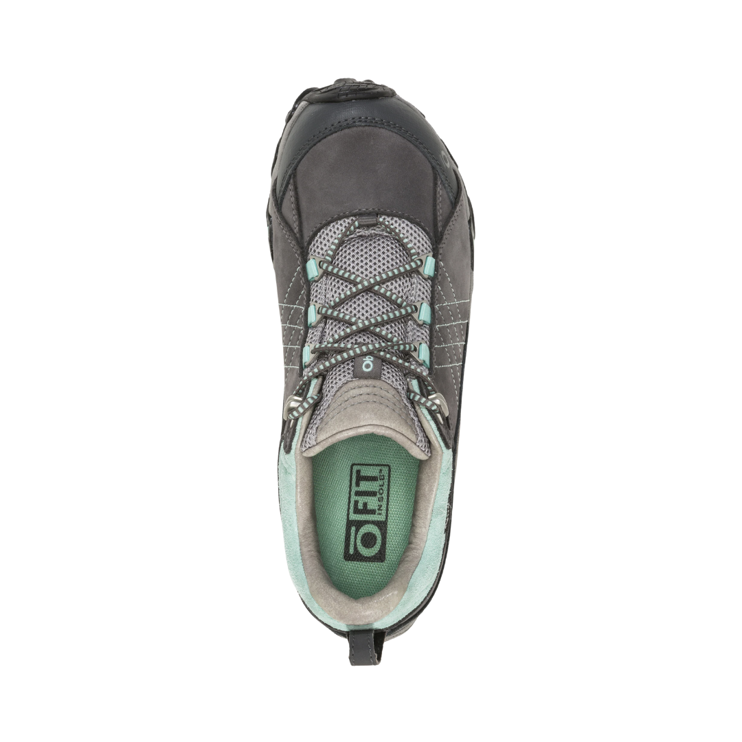 Top View of Women’s Oboz Sapphire Low Waterproof Hiking Shoe in Charcoal/Beach – featuring a breathable mesh and nubuck leather upper, Oboz B-Dry waterproof membrane to keep feet dry, and an O Fit insole for arch support and all-day comfort.