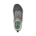 Top View of Women’s Oboz Sapphire Low Waterproof Hiking Shoe in Charcoal/Beach – featuring a breathable mesh and nubuck leather upper, Oboz B-Dry waterproof membrane to keep feet dry, and an O Fit insole for arch support and all-day comfort.