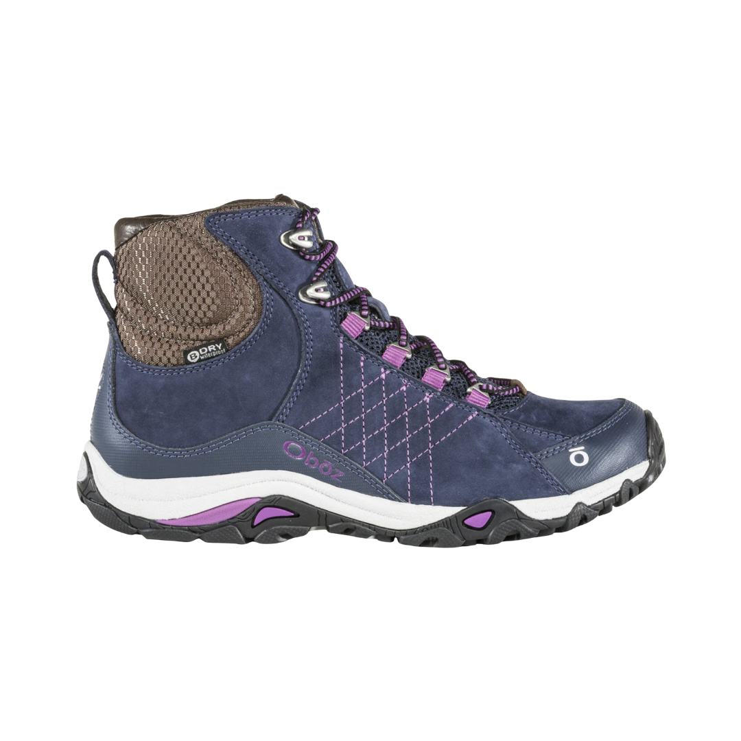 Side View of Women’s Oboz Sapphire Mid Waterproof Hiking Boot in Huckleberry – featuring a mid-height collar for ankle support, reinforced toe cap for trail protection, and dual-density EVA midsole for shock absorption and long-lasting cushioning.