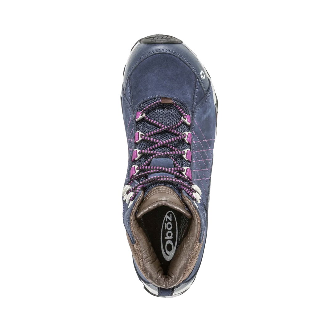 Top View of Women’s Oboz Sapphire Mid Waterproof Hiking Boot in Huckleberry – featuring a premium nubuck leather and breathable mesh upper, waterproof B-Dry membrane to keep feet dry, and an O Fit insole with arch support for enhanced comfort during long hikes.