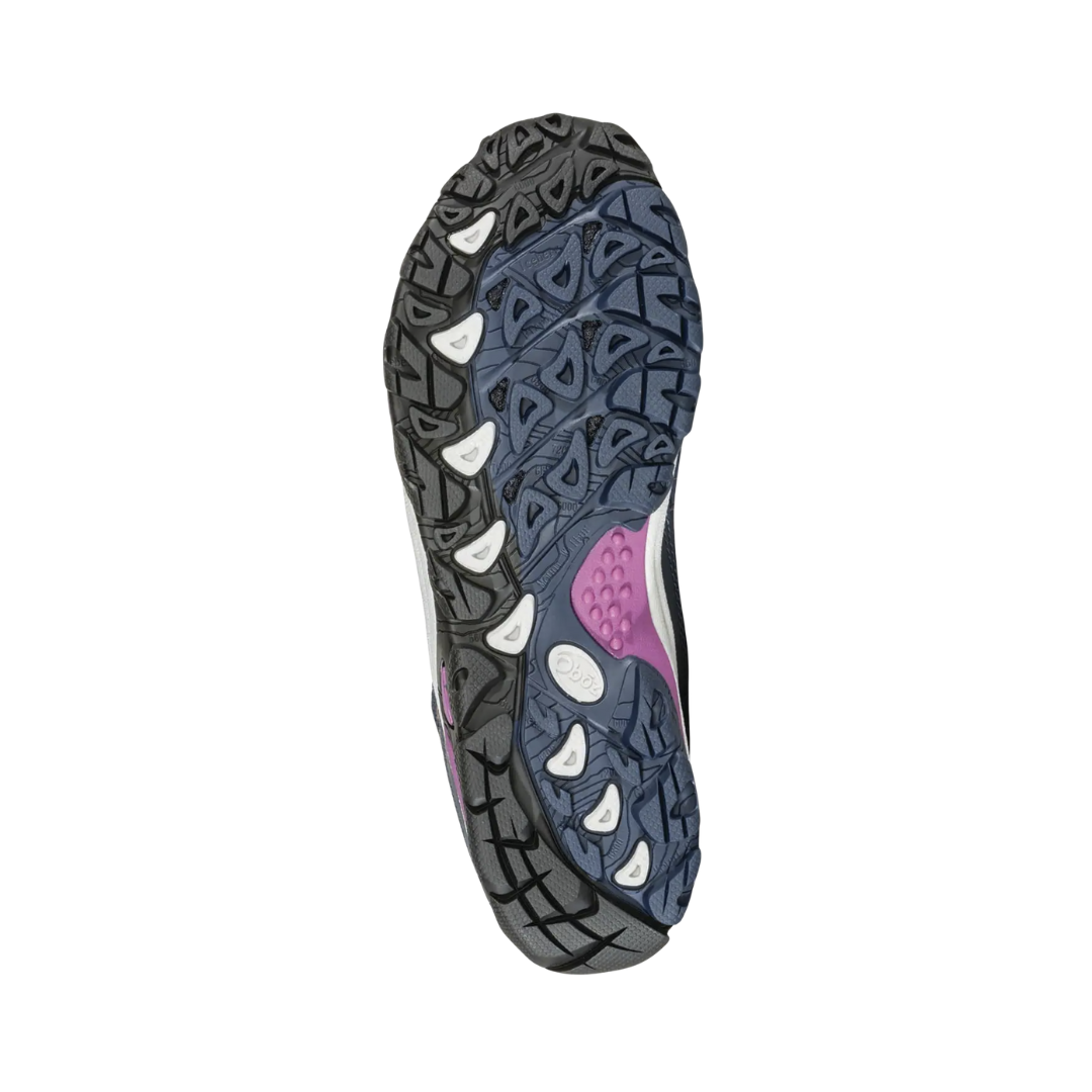 Bottom View of Women’s Oboz Sapphire Mid Waterproof Hiking Boot in Huckleberry – featuring a Swiftcurrent rubber outsole with multi-directional lugs, durable midfoot shank for stability, and slip-resistant traction on wet, rocky, or uneven terrain.