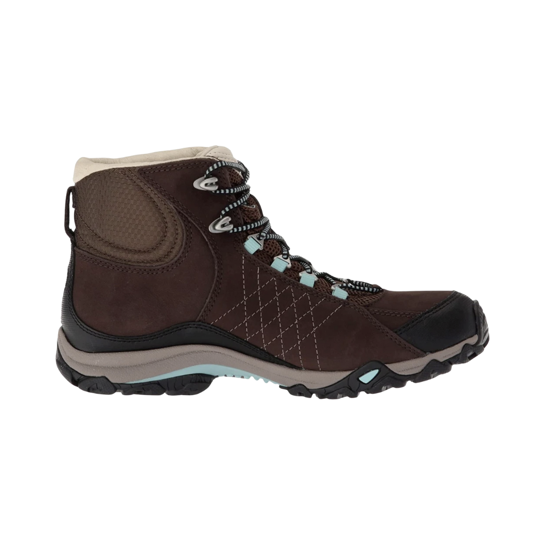 Side View of Women’s Oboz Sapphire Mid Waterproof Hiking Boot in Java – featuring a mid-height collar for ankle stability, reinforced toe cap for trail protection, and dual-density EVA midsole for lightweight shock absorption and all-day cushioning.