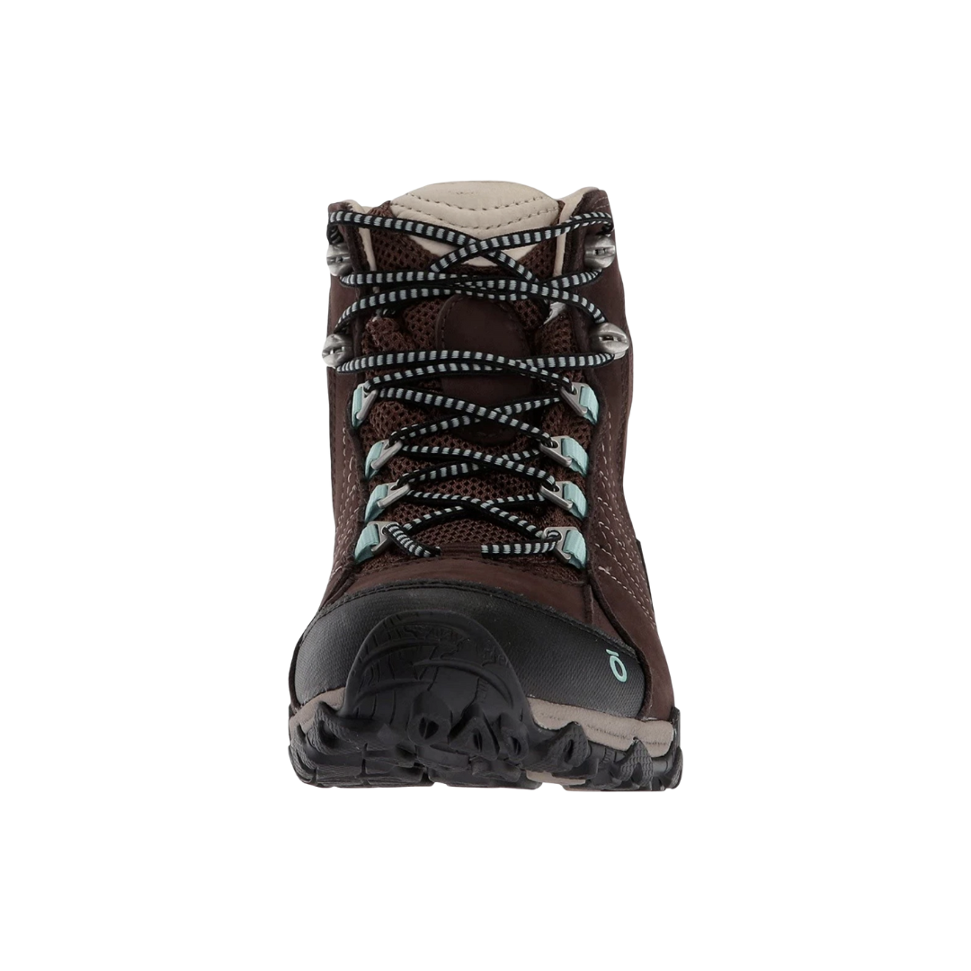 Front View of Women’s Oboz Sapphire Mid Waterproof Hiking Boot in Java – featuring a secure lace-up system with metal eyelets, padded tongue for pressure relief, and a sturdy toe bumper for added durability on rocky trails.

