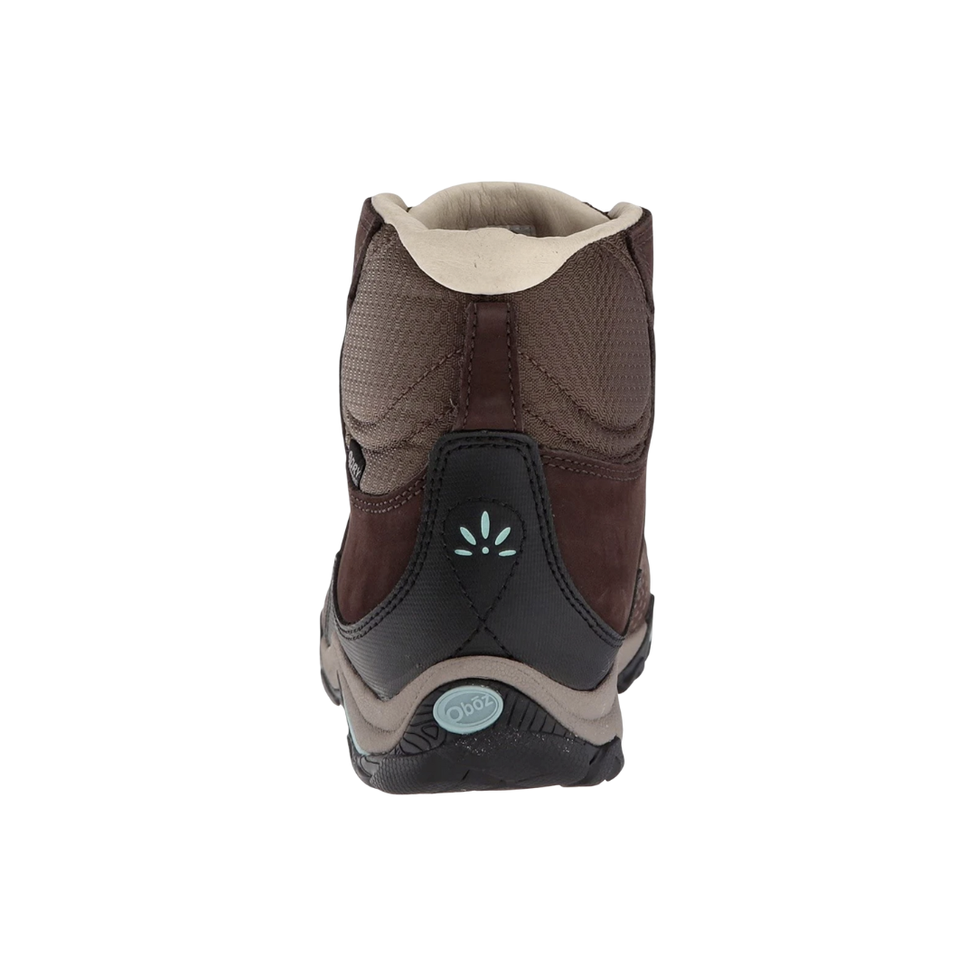 Back View of Women’s Oboz Sapphire Mid Waterproof Hiking Boot in Java – featuring a supportive heel counter, padded collar for ankle comfort, and a convenient heel pull loop for easy on and off.