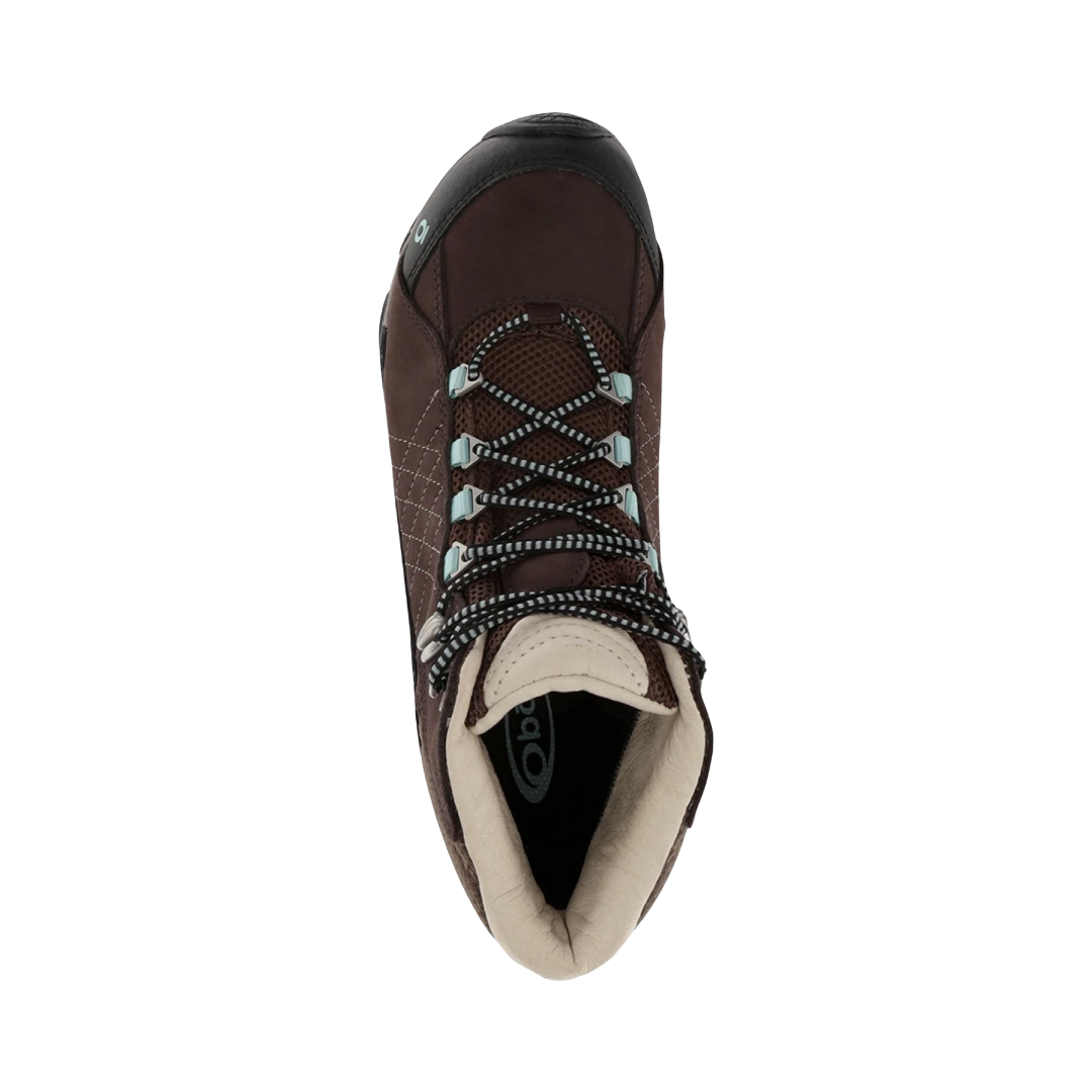 Top View of Women’s Oboz Sapphire Mid Waterproof Hiking Boot in Java – featuring a premium nubuck leather and breathable textile upper, waterproof B-Dry membrane to keep feet dry, and a contoured O Fit insole providing arch support and long-lasting comfort.