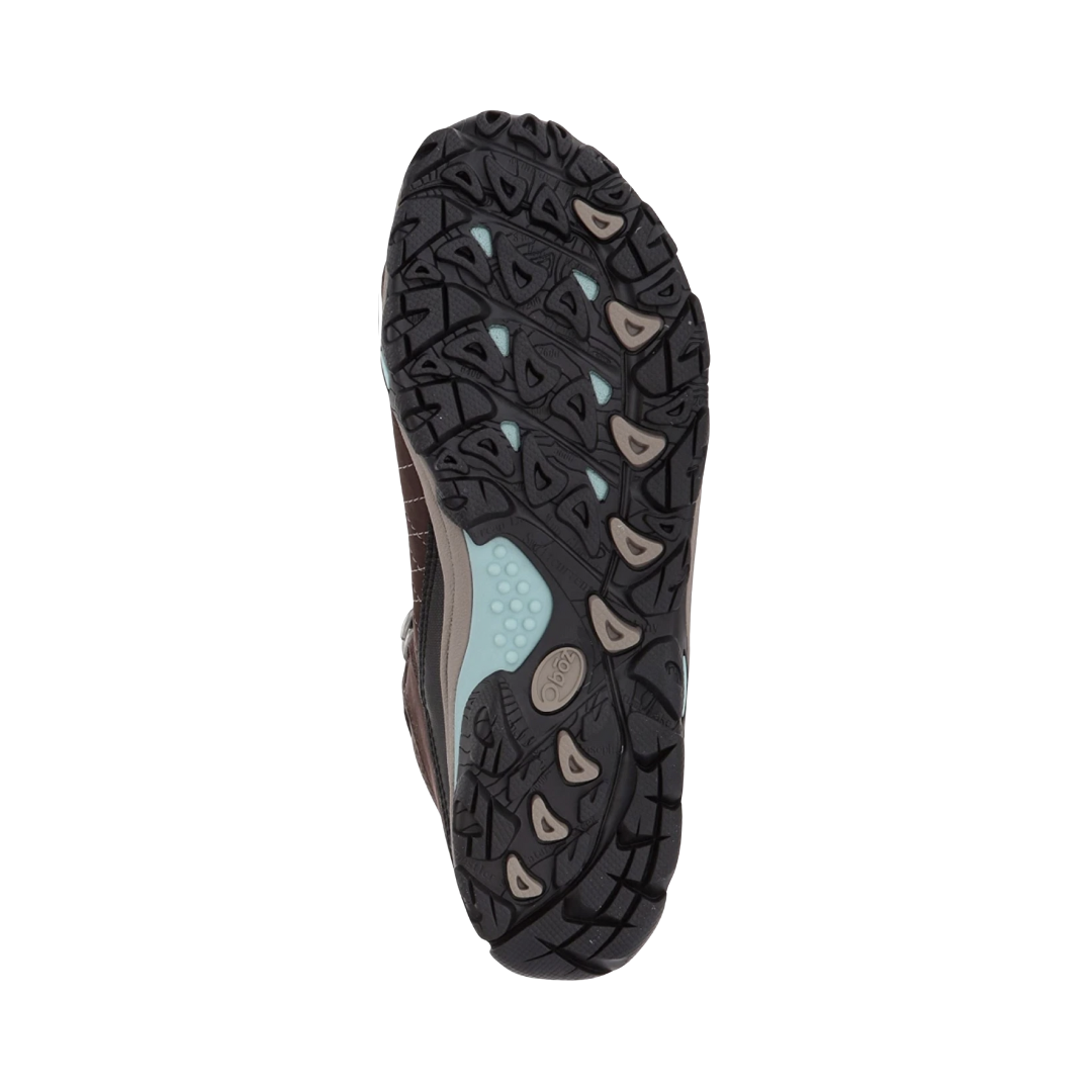 Bottom View of Women’s Oboz Sapphire Mid Waterproof Hiking Boot in Java – featuring a durable Swiftcurrent rubber outsole with deep multi-directional lugs for superior traction, a supportive midfoot shank, and enhanced grip on wet or rocky terrain.