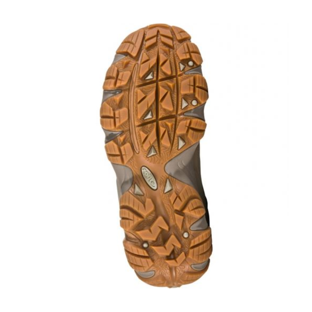 Bottom view of Women's Sawtooth II Low hiking shoe in Sage Grey – featuring a rugged, high-traction rubber outsole with multi-directional lugs for reliable grip on diverse terrain.