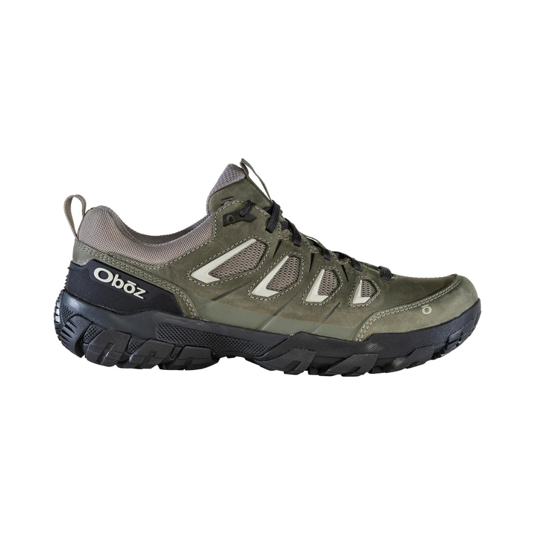 Side view of Women's Sawtooth X hiking shoe in Eucalyptus Green – featuring a breathable mesh and durable nubuck leather upper, supportive midsole cushioning, and a rugged outsole designed for reliable trail traction.