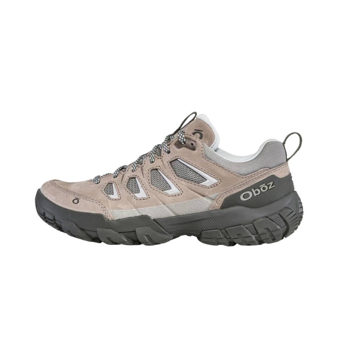 Side view of Women's Oboz Sawtooth X Low hiking shoe in Drizzle – featuring waterproof nubuck leather and abrasion-resistant textile upper, cushioned midsole, and durable outsole engineered for reliable trail performance.