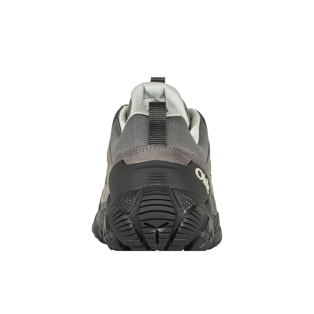 Back view of Women's Oboz Sawtooth X Low hiking shoe in Drizzle – featuring a sturdy heel counter, convenient pull-loop, and supportive, waterproof build for stability during outdoor adventures.