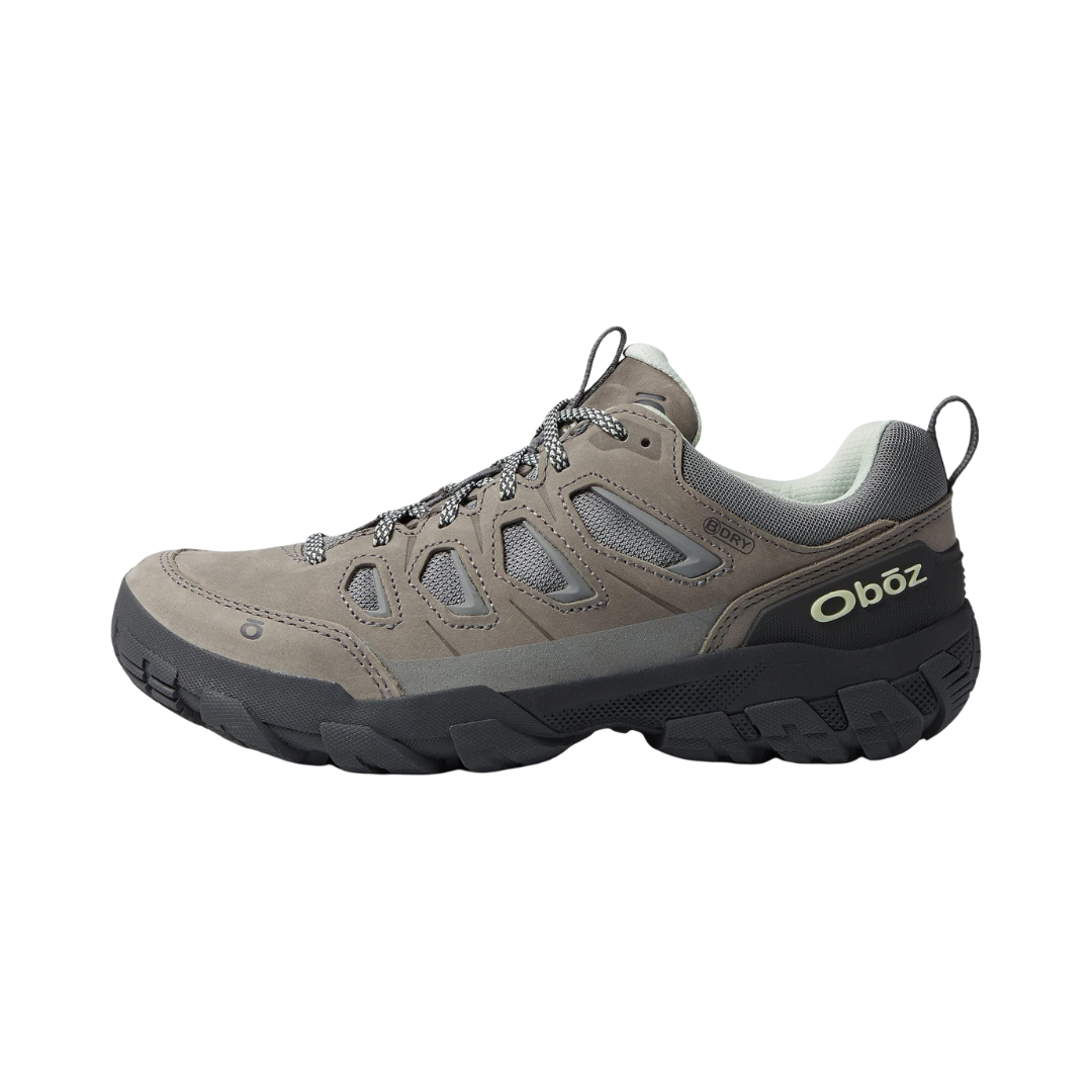 Side view of Women's Sawtooth X B-Dry hiking shoe in Hazy Grey – featuring a waterproof nubuck and textile upper, cushioned midsole for supportive comfort, and an aggressive outsole design ideal for versatile hiking adventures.
