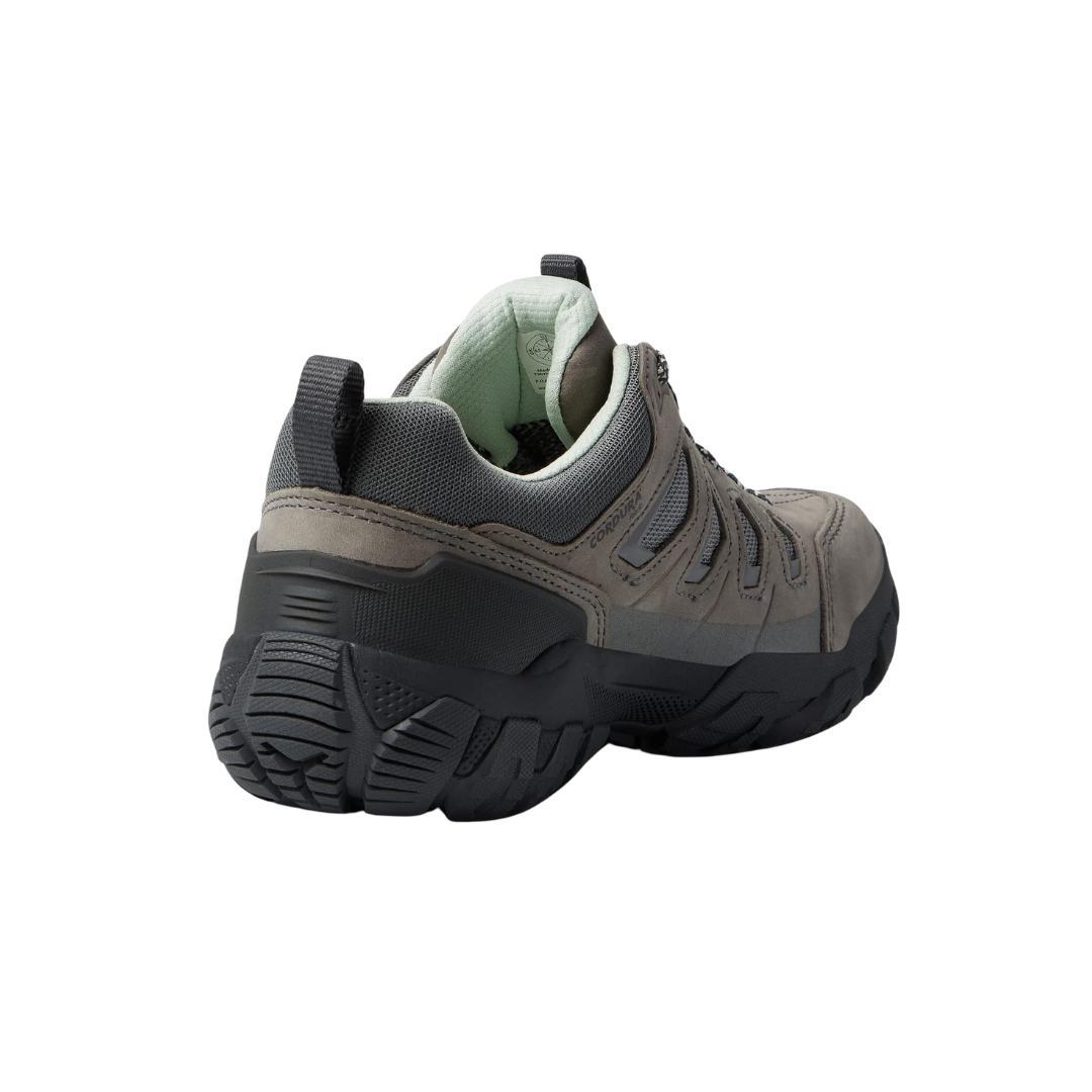 Angled view of Women's Sawtooth X B-Dry hiking shoe in Hazy Grey – featuring a waterproof nubuck and textile upper, cushioned midsole for supportive comfort, and an aggressive outsole design ideal for versatile hiking adventures.