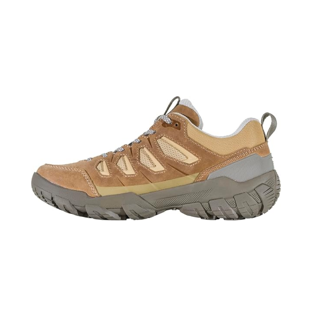 Side view of Women's Oboz Sawtooth X Low WP hiking shoe in Acorn – featuring waterproof nubuck leather and durable textile upper, cushioned midsole, and robust outsole built for versatile trail adventures.