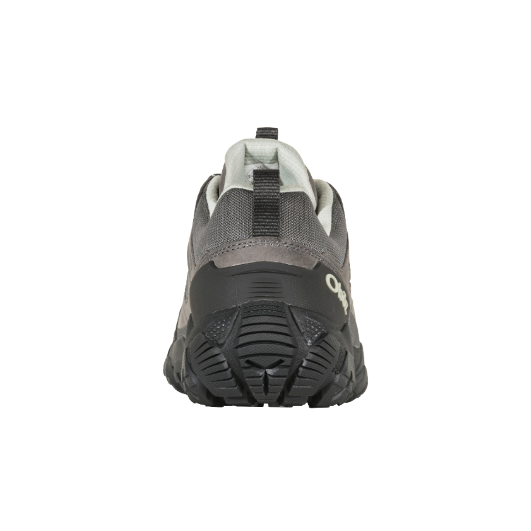 Back View of Women’s Oboz Sawtooth X Low Hiking Shoe in Drizzle – featuring a structured heel counter for rear-foot stability, padded collar for comfort, and a durable heel pull tab for easy on-and-off wear.