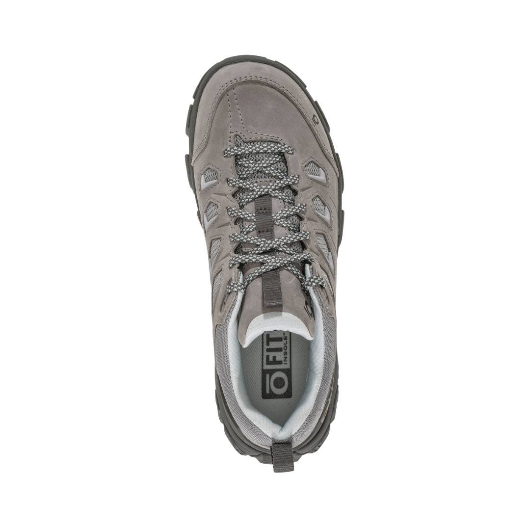 Top View of Women’s Oboz Sawtooth X Low Hiking Shoe in Drizzle – featuring a breathable abrasion-resistant mesh and leather upper, secure lace-up closure with reinforced eyelets, and O Fit insole providing contoured arch support and underfoot comfort.