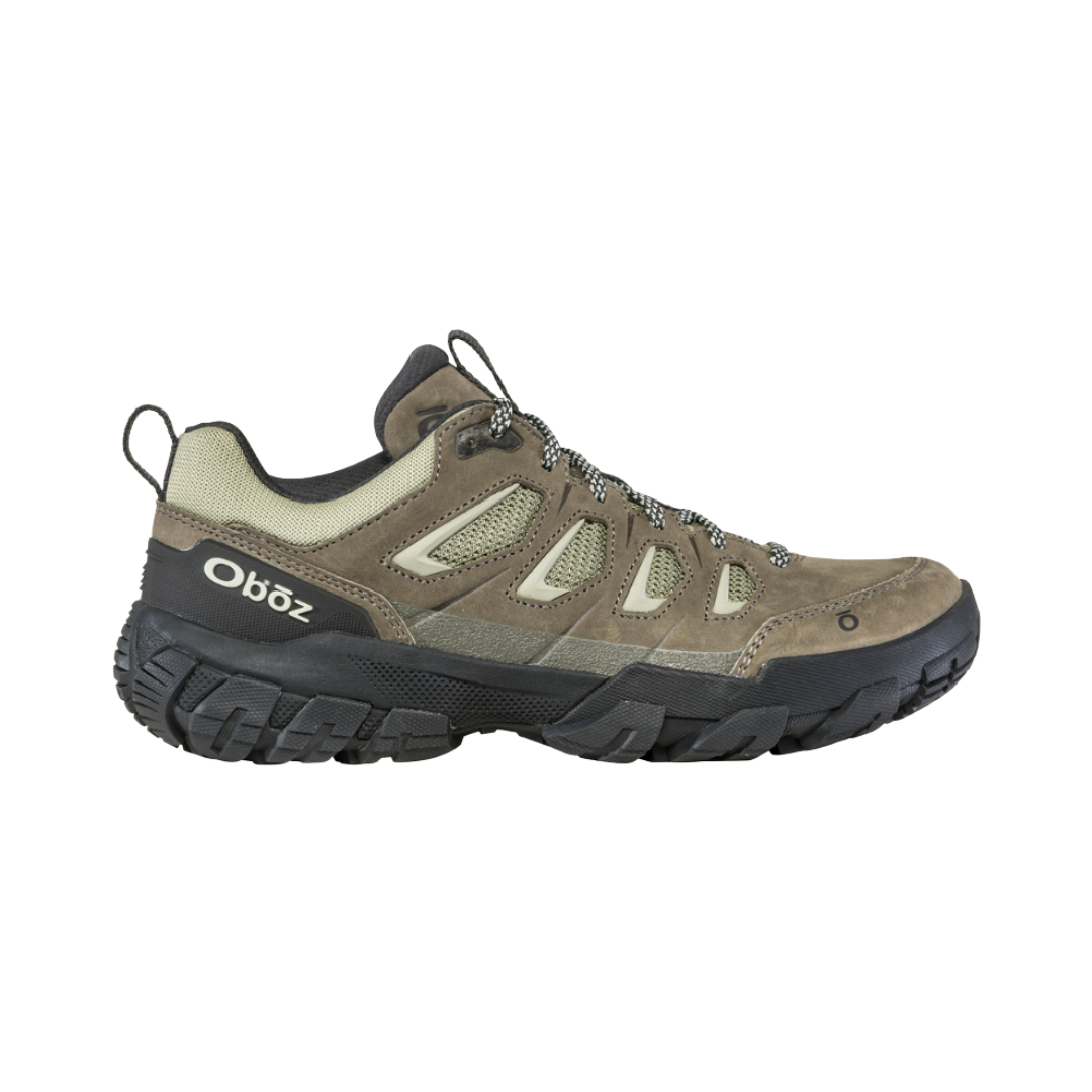 Side View of Women’s Oboz Sawtooth X Low Hiking Shoe in Eucalyptus Green – featuring a low-profile hiking design for ankle mobility, dual-density EVA midsole for shock absorption, and reinforced heel and toe overlays for protection on rocky paths.