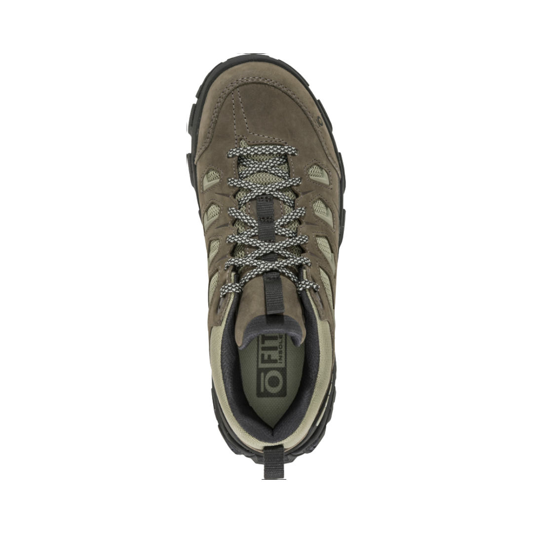 Top View of Women’s Oboz Sawtooth X Low Hiking Shoe in Eucalyptus Green – featuring a breathable mesh and nubuck leather upper, ergonomic lace-up closure with reinforced eyelets, and O Fit insole for contoured support and day-long comfort.