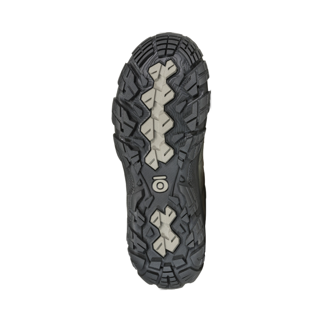 Bottom View of Women’s Oboz Sawtooth X Low Hiking Shoe in Eucalyptus Green – featuring a rugged Trail Tread outsole with sawtooth-shaped lugs for exceptional grip, multi-surface traction for wet and dry terrain, and durable rubber for long-lasting trail performance.