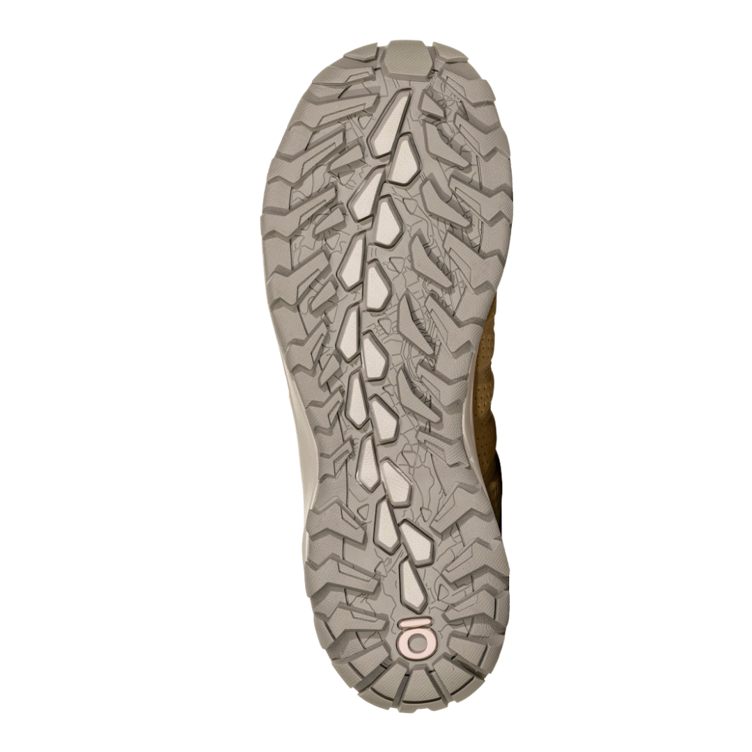 Bottom view of Women's Sypes Low B-Dry hiking shoe in Acorn – featuring the rugged rubber outsole with multi-directional traction lugs, engineered to provide grip and stability on various terrains.